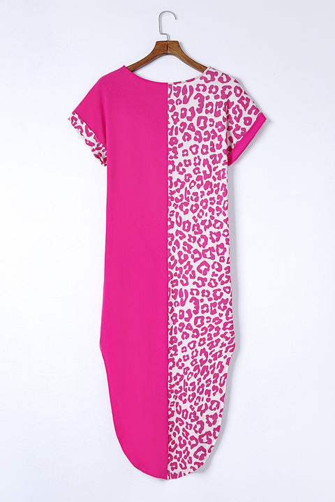 Contrast Solid Leopard Short Sleeve T-shirt Dress with Slits