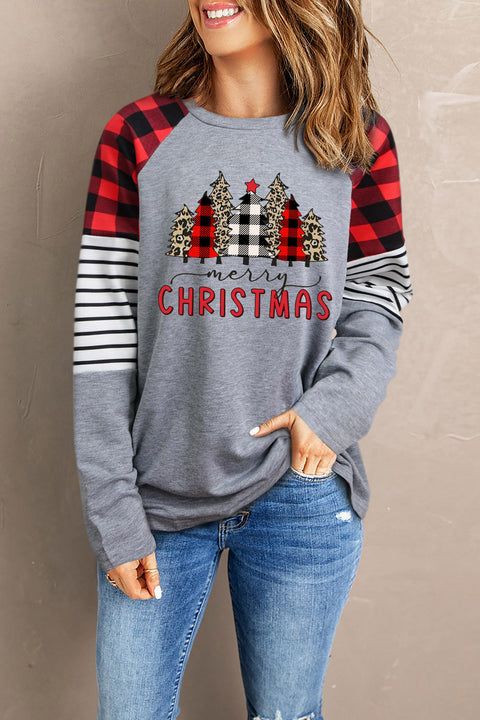 Buffalo Plaid & Stripe Splicing Long Sleeve Top