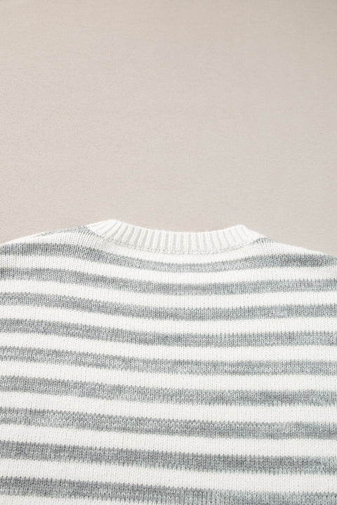 Gray Stripe Drop Shoulder Crew Neck Sweater