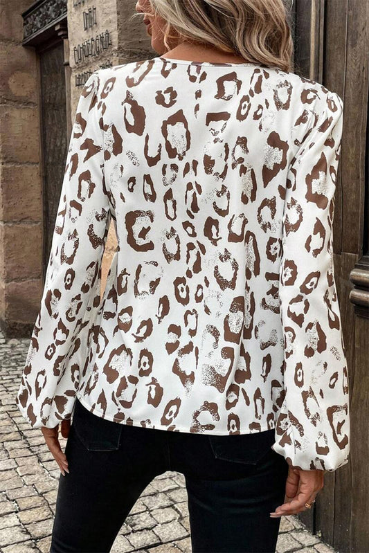 Khaki Leopard Print Split Neck Balloon Sleeve Blouse