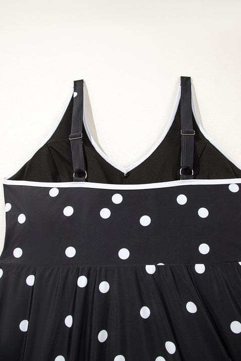 Black Polka Dot/Colorblock Trim V Neck Plus Size Swim Dress