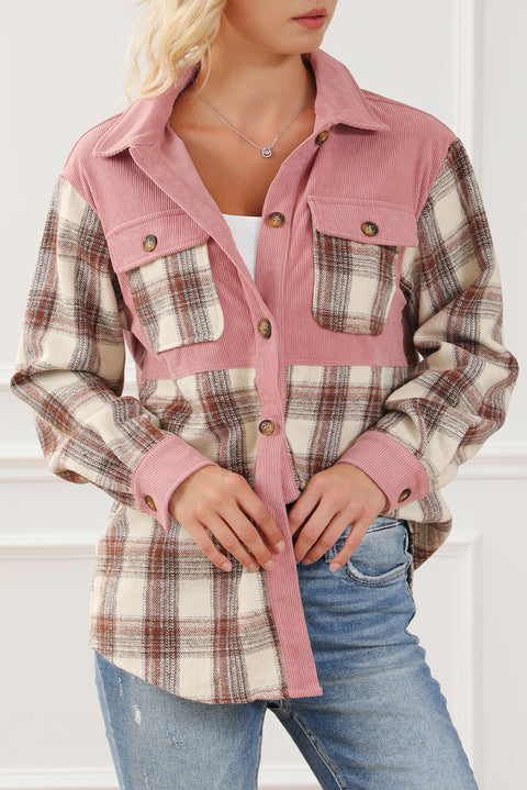 Plaid Corded Patchwork Flap Pocket Shacket