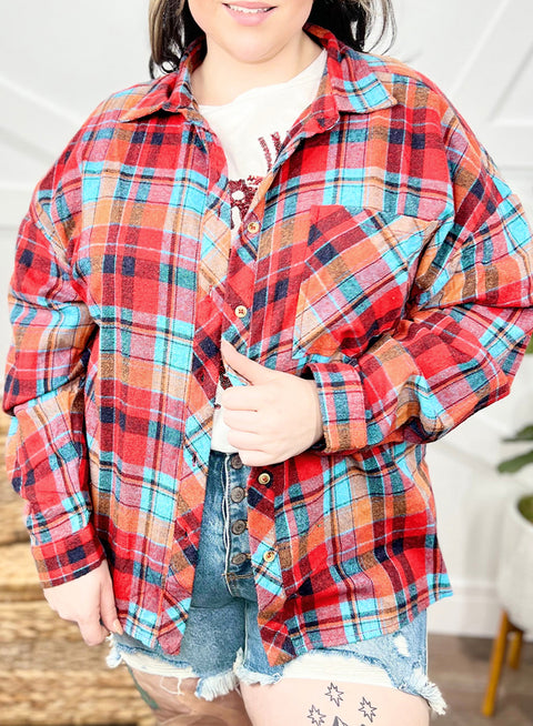 Red Plus Size Plaid Print Buttoned Shirt