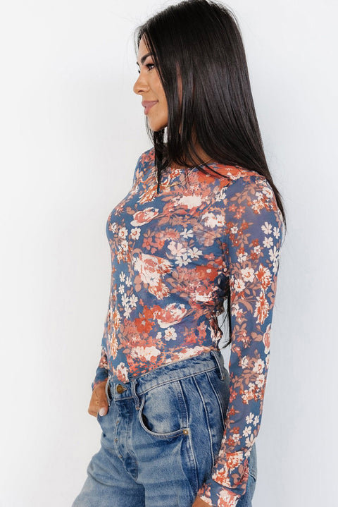 Orchid Petal Floral Print Mesh Fitted Long Sleeve Top