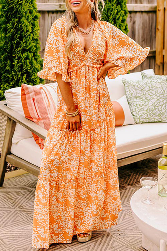 Orange Floral Print Smocked V Neck Wide Sleeve Maxi Dress