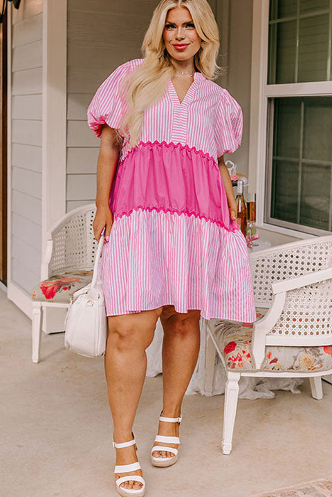 Pink Ricrac Block Accent Puff Short Sleeve Flowy Plus Dress