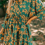 Green Floral Print Drawstring Tunic Flowy Short Dress