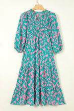 Green Abstract Print Puff Sleeve Tied Notched Neck Long Dress