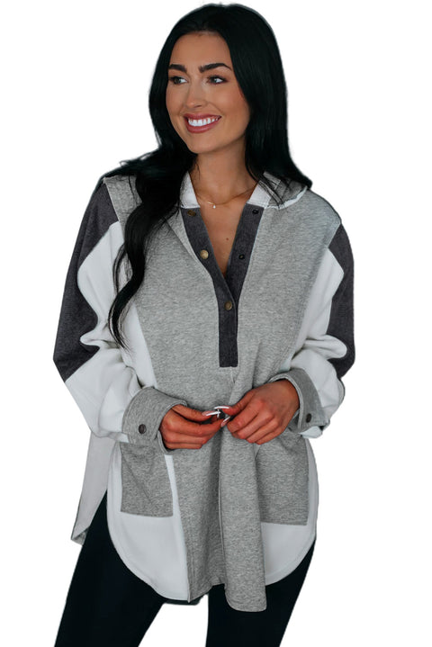 Gray Color Block Exposed Seam Buttoned Neckline Hoodie