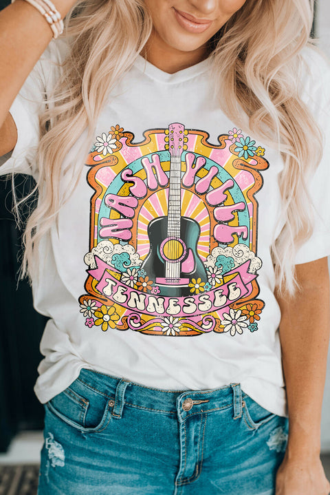 White NASHIVILLE Guitar Graphic Country Music T Shirt