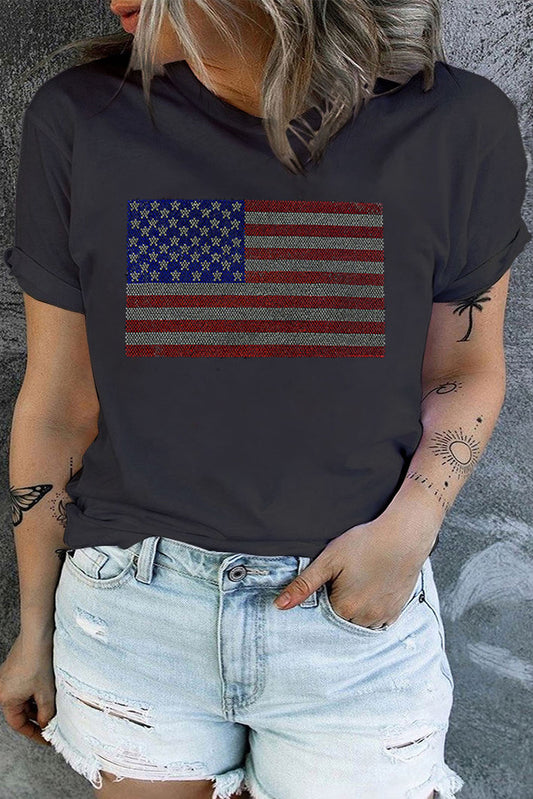 Black Rhinestone American Flag Plus Size Graphic T Shirt