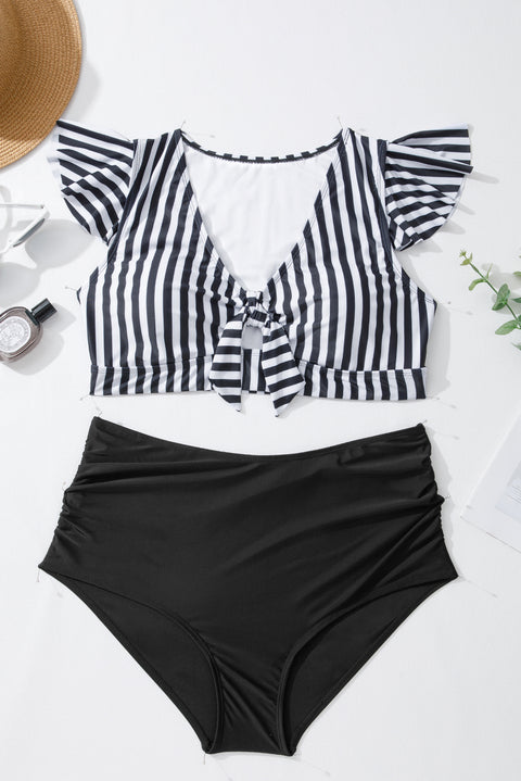 Black Stripe Plus Size Knot Cutout Ruffle Sleeve and High Waisted 2pcs Swimsuit