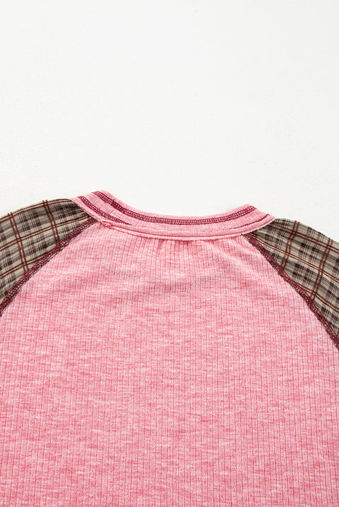 Fushia Mixed Print Patchwork Raglan Ribbed Knit Top