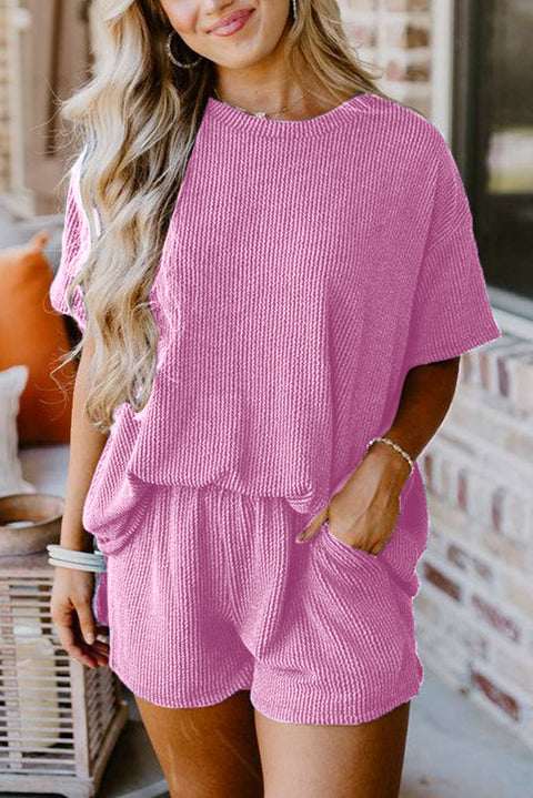 Phalaenopsis Ribbed Textured Knit Loose Fit Tee and Shorts Set