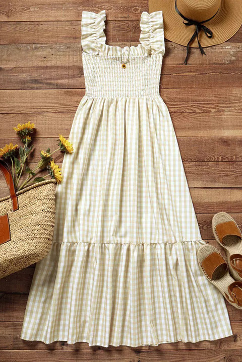 Khaki Plaid Ruffled Sleeve Smocked Maxi Dress