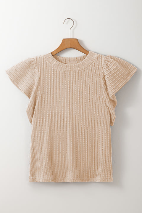 Beige Solid Color Textured Flutter Sleeve Top