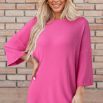 Rose Red Solid Color Loose Tunic Top and Slim Shorts Set