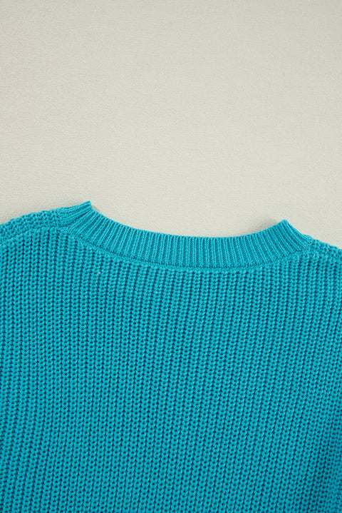 Turquoise Ruffled Eyelet Bubble Sleeve Sweater