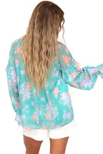 Sky Blue Floral Split Neck Ruffled Puff Sleeve Blouse