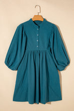 Blue Corduroy Snap Buttons Empire Waist Bracelet Sleeve Dress