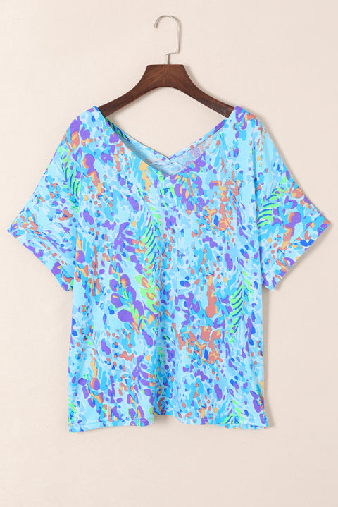 Sky Blue Loose Painted Floral Tee