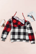 Multicolor Contrast Color Plaid Drawstring V Neck Hoodie