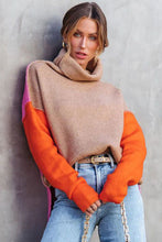 Khaki Color Block Turtle Neck Drop Shoulder Knit Sweater