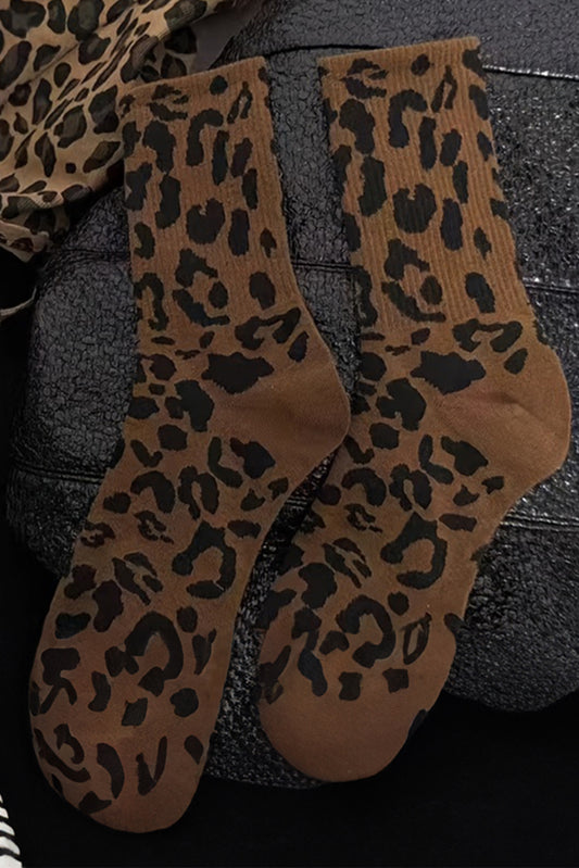 Chestnut Leopard Print Ribbed Crew Socks