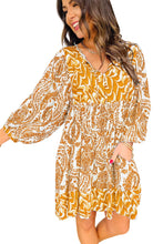 Yellow Bohemian Print Puff Sleeve Tied V Neck Flared Mini Dress