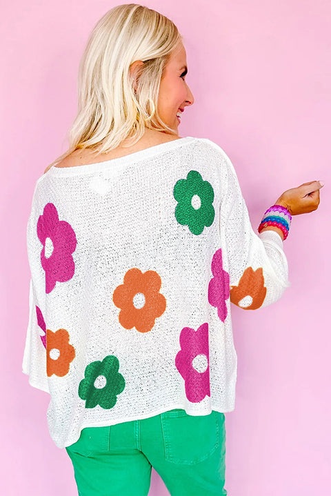 White Floral Print Buttoned Loose Lightweight Sweater