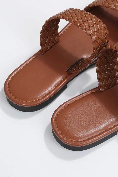 Chestnut Braided Double Band Leathered Flat Slippers