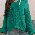 Sea Green Cable Knit V Neck Contrast Drawstring Hooded Sweater