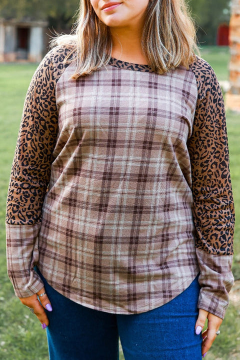 Chestnut Plus Size Leopard Raglan Sleeve Plaid Top