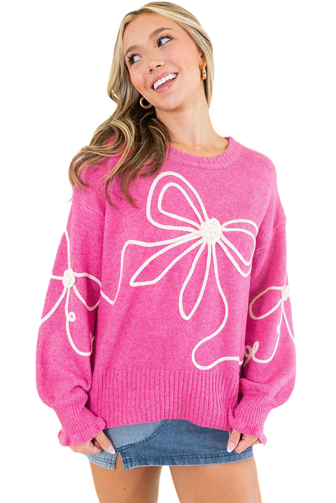 Bright Pink Corded Flower Bow Ribbed Trim Casual Sweater