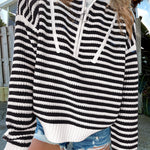 Black Stripe Zip up Collar Drop Shoulder Sweater