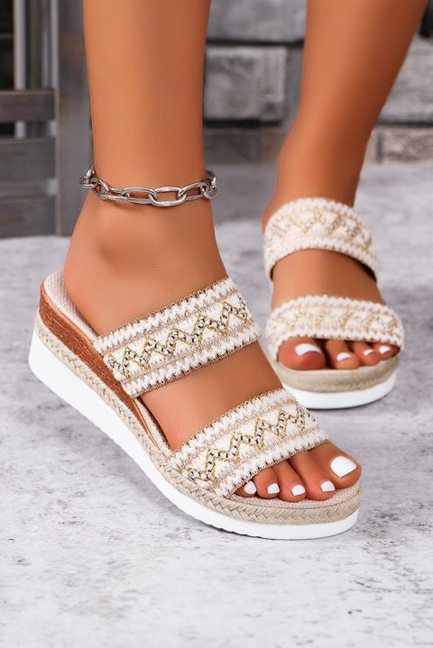 Beige Crochet Dual Band Wedge Slippers