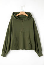 Moss Green Fleece Lined Half Zipper Kangaroo Pockets Loose Hoodie