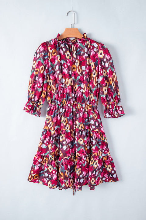 Rose Red Floral Print Tiered Ruffled Half Sleeve V Neck Dress