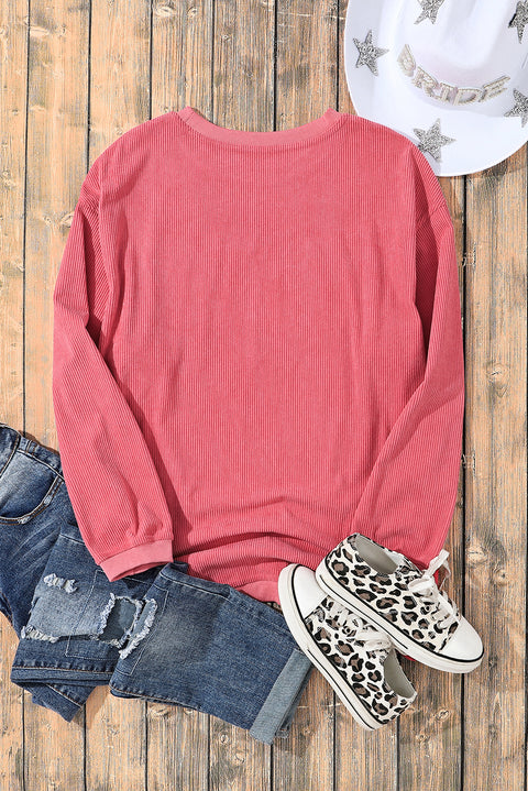 Strawberry Pink Sequin Love Graphic Drop Shoulder Corded Valentines Sweatshirt