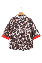 Dark Brown Contrast Trim Patchwork Leopard Print Half Sleeve Shirt