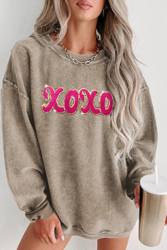 Khaki xoxo Chenille Glitter Patched Corded Crew Neck Sweatshirt