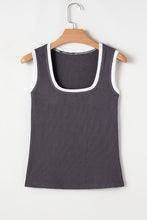 Carbon Grey Ribbed Knit Colorblock Edge U Neck Slim Fit Tank Top