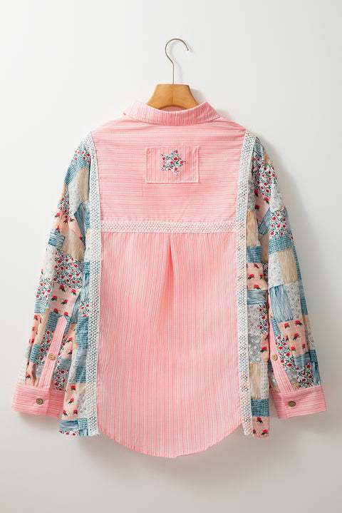 Pink Stripe Floral Patchwork Tunic Loose Fit Shirt