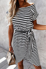 Stripe Short Sleeve Belted Wrapped Hemline T-Shirt Dress