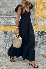 Black V Neck Flutter Sleeve Smocked Bodice High Waist Ruffle Maxi Dress