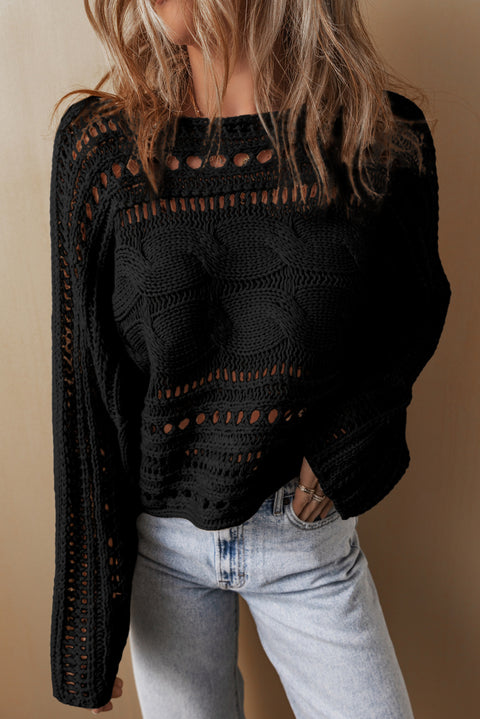 Black Hollow-out Cable Knit Cropped Sweater