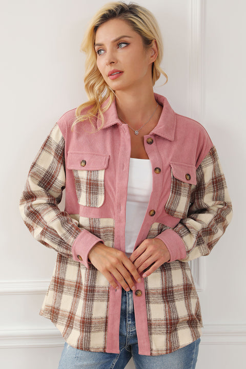 Plaid Corded Patchwork Flap Pocket Shacket