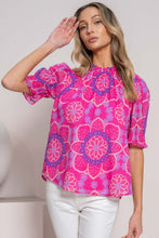 Rose Floral Print Frilled Neck Smocked Puff Sleeve Blouse