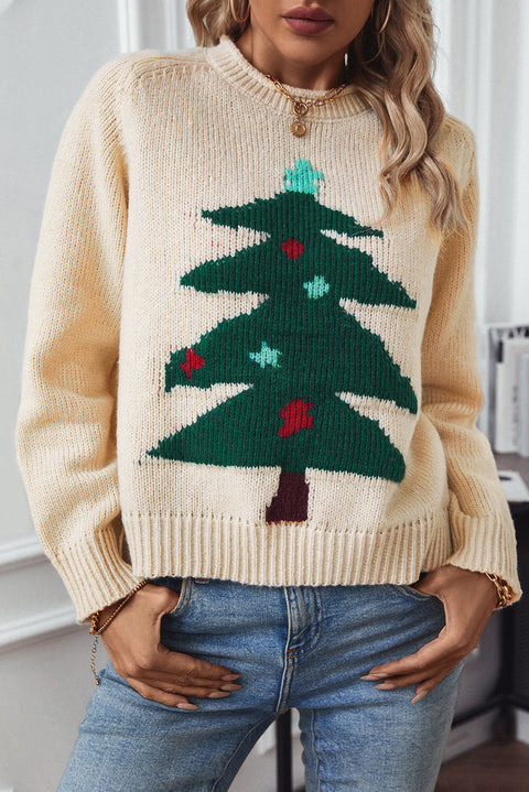 Beige Christmas Tree Pullover Graphic Sweater