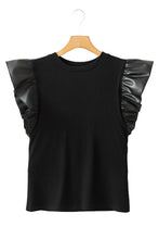 Black Leather Ruffle Sleeve Patchwork Round Neck Blouse